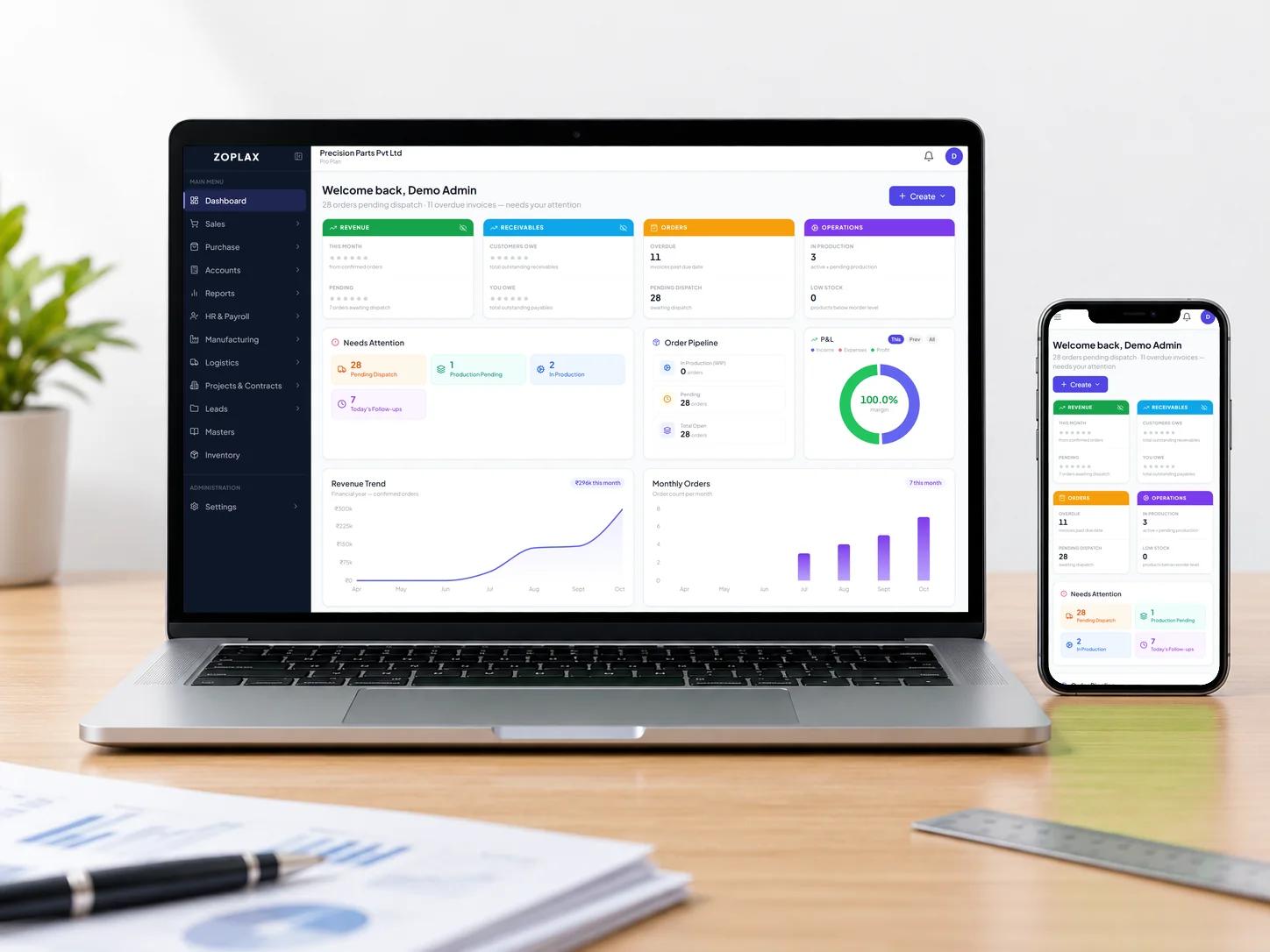 Zoplax dashboard on a laptop and a phone, showing orders pending dispatch, overdue invoices and revenue trend