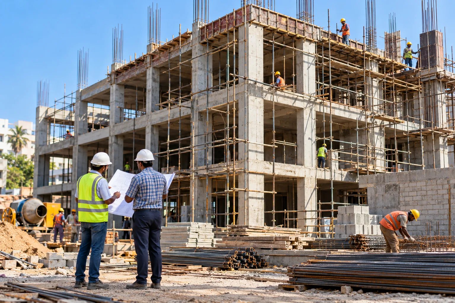 Site engineers checking drawings in front of a building under construction