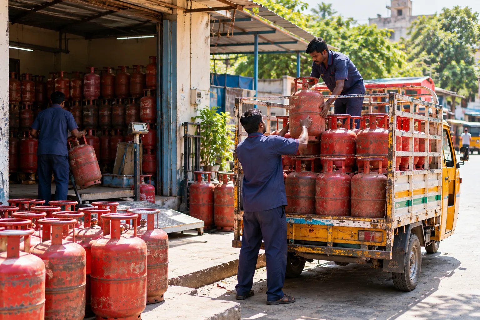 Delivery worker loading red LPG cylinders onto a goods carrier outside a gas godown