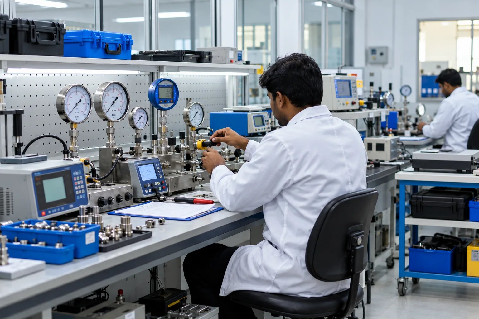 Technician calibrating pressure gauges at a laboratory bench