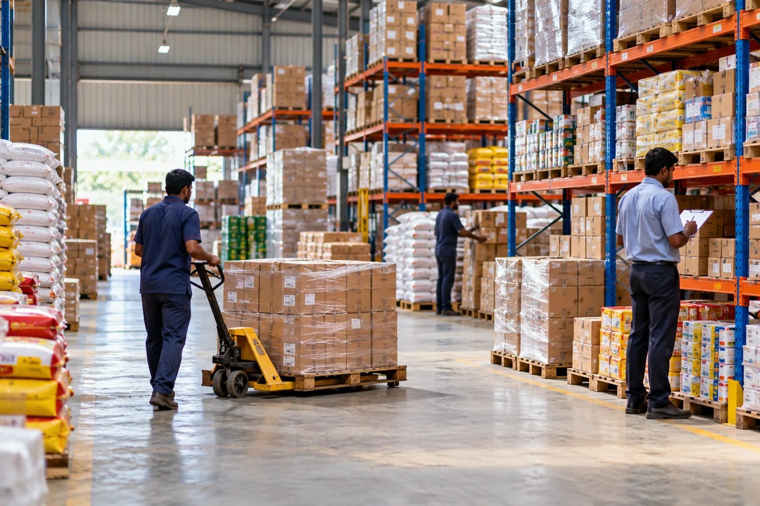 Worker moving cartons on a pallet truck between racks in a distribution godown